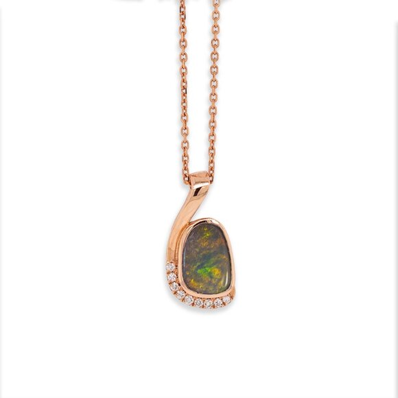 Boulder Opal Pendant in 14K Solid Rose Gold with Natural Diamond Accents - Picture 5 of 8